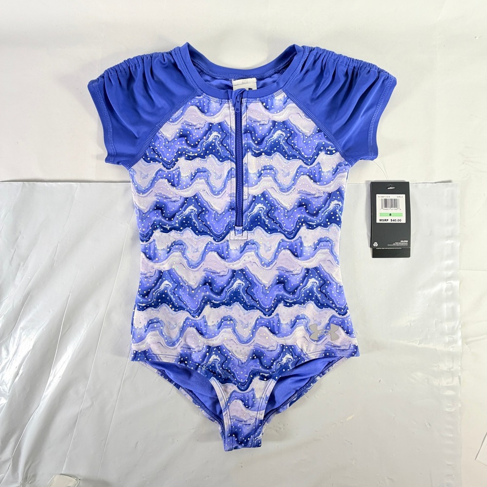 Under Armour Girls Nebula Purple Waves One Piece Swimsuit Size 8 NWT